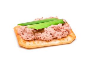 Crispy Salted Cracker with Liver Pate and Green Onions - Isolated on White. Easy Snack - Isolation photo
