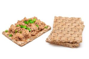Crispy Sandwich with Chicken Pate and Green Onions Isolated on White Background - Top View. Whole Grain Bread with Liver Pate. Diet Breakfast and Healthy Food photo