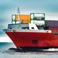 Red cargo container ship's bow in cloudy day photo