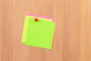 Colored Sticky Notes with Copyspace Pinned to the Wooden Message Board. To Do List Reminder in Office. Blank Memo Sticker at Work - Template. Empty Checklist - Mockup photo