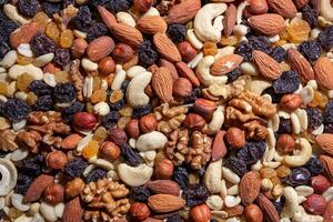 Mixed Nuts. Almonds, Walnuts, Cashews, Peanuts, Hazelnuts, Dried Prunes and Raisins. Different Nut Mix. Background from Various Nuts and Dried Fruits photo