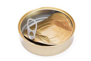 Opened Empty Tin Can With Broken Cover Isolated on White Background. Clean Used Aluminum Can - Isolation. Non-Degradable Inorganic Waste photo