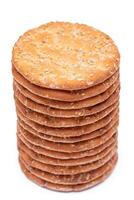 A Stack of Round Salt Crackers with Sesame Isolated on White Background. Dry Snacks - Isolation photo