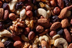 Mixed Nuts. Almonds, Walnuts, Cashews, Peanuts, Hazelnuts, Dried Prunes and Raisins. Different Nut Mix. Background from Various Nuts and Dried Fruits photo