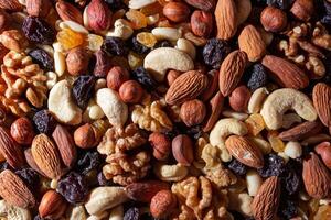 Mixed Nuts. Almonds, Walnuts, Cashews, Peanuts, Hazelnuts, Dried Prunes and Raisins. Different Nut Mix. Background from Various Nuts and Dried Fruits photo
