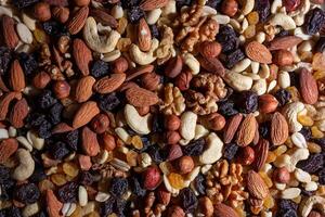 Mixed Nuts. Almonds, Walnuts, Cashews, Peanuts, Hazelnuts, Dried Prunes and Raisins. Different Nut Mix. Background from Various Nuts and Dried Fruits photo