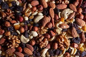 Mixed Nuts. Almonds, Walnuts, Cashews, Peanuts, Hazelnuts, Dried Prunes and Raisins. Different Nut Mix. Background from Various Nuts and Dried Fruits photo