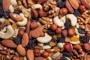 Mixed Nuts. Almonds, Walnuts, Cashews, Peanuts, Hazelnuts, Dried Prunes and Raisins. Different Nut Mix. Background from Various Nuts and Dried Fruits photo