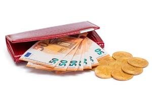 Red Leather Women Purse with Fifty Euro Banknotes and Bitcoin Coins - Isolated on White Background. A Wallet Full of 50 Euro Paper Money Symbolizing Wealth, Success and Social Status - Isolation photo
