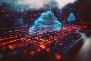 Cloud technology is represented through digital clouds and binary code, symbolizing data transfer and connectivity in vibrant, futuristic setting photo