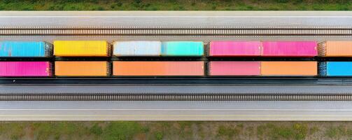 Colorful train containers are lined up along railway, showcasing vibrant array of hues including pink, orange, and blue. This striking visual captures essence of transportation and logistics photo