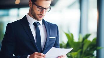 young male office worker in suit is focused on reading document, showcasing professionalism and concentration in modern office environment photo