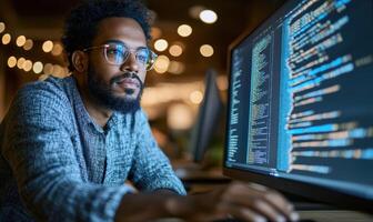 focused programmer works intently on computer screen filled with code, showcasing modern workspace with warm lighting. atmosphere is creative and inspiring photo