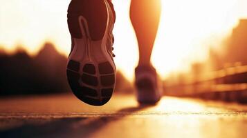 close up view of runners shoe hitting pavement during sunset, capturing essence of determination and fitness. warm glow of sun enhances scenes energy and motivation photo