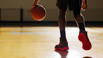 basketball player dribbles ball on gym floor, showcasing athleticism and focus. dynamic movement captures essence of sport photo