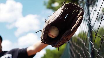 baseball glove reaching out to catch ball against sunny sky, evoking excitement and anticipation in game photo