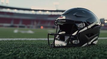 close up of modern football helmet resting on green field, showcasing its sleek design and reflective surface. stadium in background adds to atmosphere of game photo