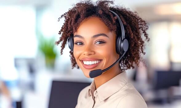 friendly business professional in customer service role, wearing headset and smiling while working in call center environment. Her positive demeanor enhances customer experience photo