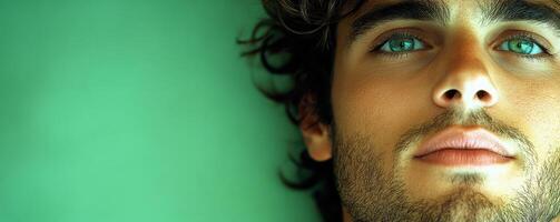 young man with striking green eyes, reminiscent of nature, gazes thoughtfully at camera. His tousled hair and serene expression create captivating portrait photo