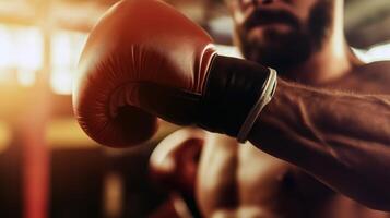 close up of boxer preparing to throw punch, showcasing red boxing glove and muscular arm. image captures intensity and focus of sport, highlighting athletes dedication photo