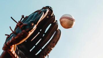 baseball is soaring through air towards black leather glove, capturing excitement of game. clear blue sky adds to vibrant atmosphere of this dynamic moment photo