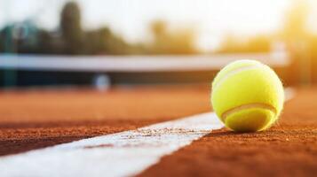 vibrant yellow tennis ball rests on clay court, highlighting texture of surface and white line. warm sunlight creates dynamic atmosphere, perfect for game photo