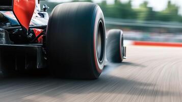 Fast moving race car tires on racetrack, showcasing speed and precision. blurred background emphasizes dynamic motion and excitement of motorsport photo