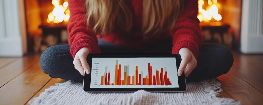 joven mujer es presentación vistoso grafico en tableta mientras sentado en acogedor alfombra. calentar ambiente desde hogar agrega consolador toque a escena foto