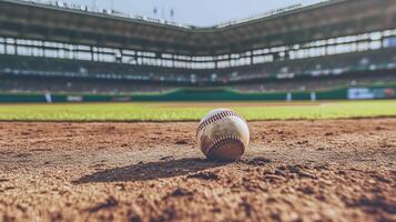 close up view of baseball resting on dirt of baseball field, with stadium in background. scene captures essence of game, evoking feelings of anticipation and excitement photo