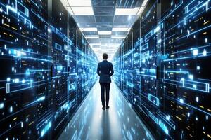 cybersecurity expert stands in data center, surrounded by glowing server racks and digital data streams, embodying future of technology and security photo