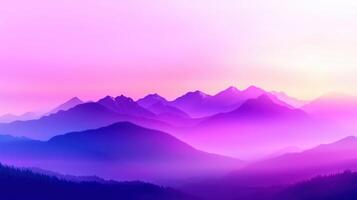 Breathtaking mountain landscape at sunset, showcasing vibrant purple and pink hues blending seamlessly across sky and peaks, creating serene and tranquil atmosphere photo