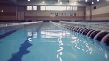 serene indoor swimming pool with clear blue water and lane dividers, creating calm and inviting atmosphere for swimmers. lighting enhances tranquil setting, perfect for relaxation or training photo