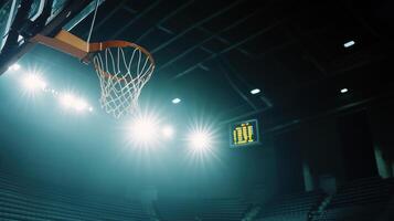 basketball hoop illuminated by bright lights in empty arena creates atmosphere of anticipation and excitement. scoreboard in background adds to sports ambiance photo