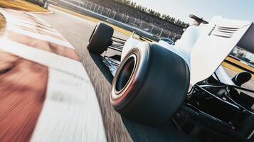 High speed racing car on track, showcasing dynamic motion and precision. powerful tires grip asphalt, emphasizing thrill of motorsport photo