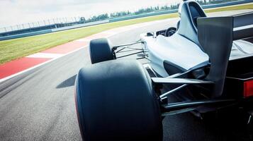 High performance racing car on racetrack, showcasing its sleek design and powerful rear tires. image captures essence of speed and precision in motorsport photo