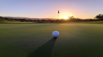 serene golf course at sunset, featuring golf ball positioned near hole, casting long shadow. vibrant colors of sky enhance tranquil atmosphere of scene photo