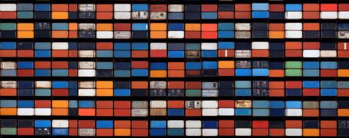 Colorful shipping containers stacked in grid pattern create vibrant and dynamic background. arrangement showcases various colors and textures, evoking sense of industry and transportation photo