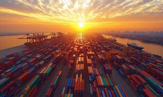 Breathtaking sunset over busy container shipping port, showcasing vibrant colors of stacked cargo containers and cranes silhouetted against sky photo