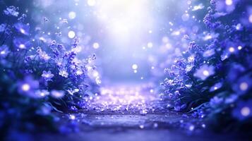 serene pathway surrounded by vibrant purple flowers creates magical atmosphere filled with soft light and enchanting bokeh effects. This tranquil scene invites sense of peace and wonder photo