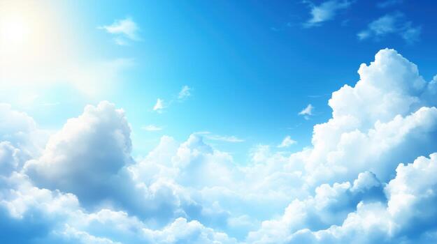 Bright blue sky with fluffy white clouds creating serene and peaceful atmosphere, perfect for relaxation and inspiration photo