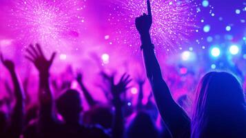 vibrant celebration with hands raised in excitement, illuminated by colorful lights and fireworks, creating festive atmosphere photo