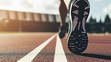 Running on track, close up of shoe sole captures motion and determination of athlete. sun casts warm glow, enhancing dynamic atmosphere of scene photo
