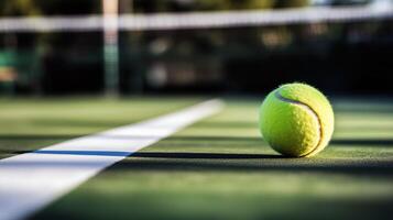 close up view of bright yellow tennis ball resting on green court, highlighting texture and details of ball and court line. scene evokes sense of anticipation and focus photo