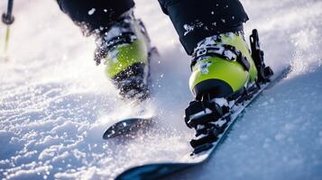 Snowboard boots on snowy slope, showcasing thrill of winter sports. vibrant colors contrast with white snow, capturing excitement of skiing photo