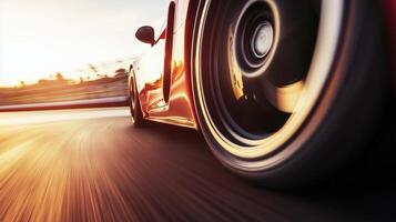 dynamic shot of car in motion, showcasing spinning wheel and blurred background, evokes sense of speed and excitement. warm light enhances thrilling atmosphere photo