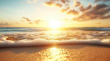 serene sunset over ocean creates tranquil atmosphere, with gentle waves lapping at sandy shore. warm glow of sun reflects beautifully on waters surface, evoking sense of peace and relaxation photo