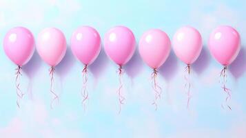 Pink balloons float gently against soft blue background, creating cheerful and festive atmosphere. Perfect for celebrations, parties, or special occasions photo