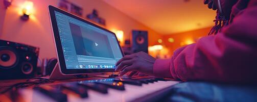 man is focused on editing music and video clips on his computer, showcasing creativity in vibrant studio environment. warm lighting enhances atmosphere of inspiration and productivity photo