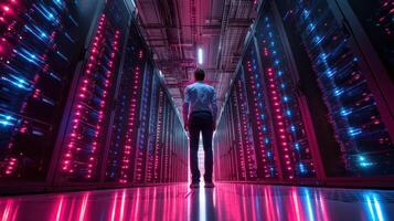 cybersecurity expert stands in data center surrounded by glowing server racks, showcasing advanced technology and vibrant atmosphere. scene reflects innovation and security in digital age photo