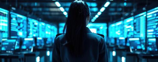 cybersecurity expert stands in data center, surrounded by glowing screens displaying data and analytics. atmosphere is intense and focused, highlighting importance of cybersecurity photo